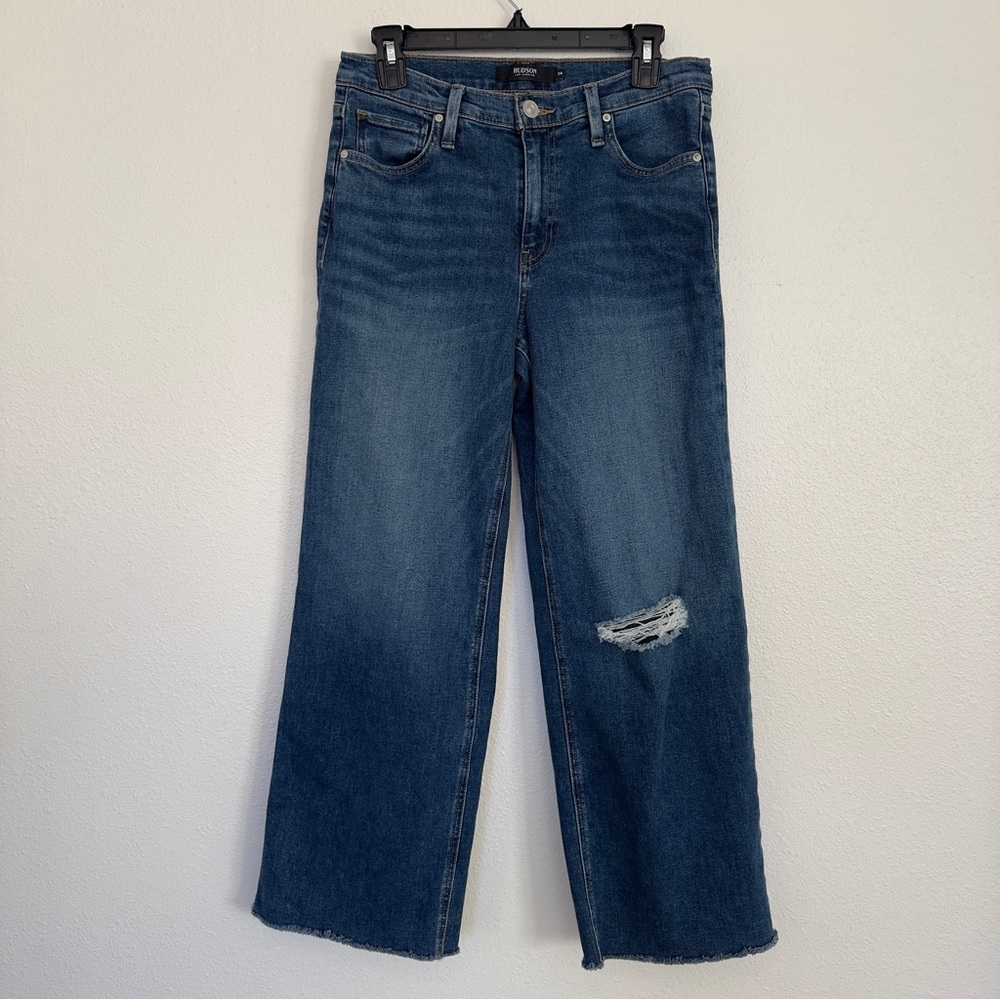 Hudson Rosie High Rise Wide Leg Jeans 28 Ankle Raw Hem Distressed Dark Wash - Picture 2 of 6